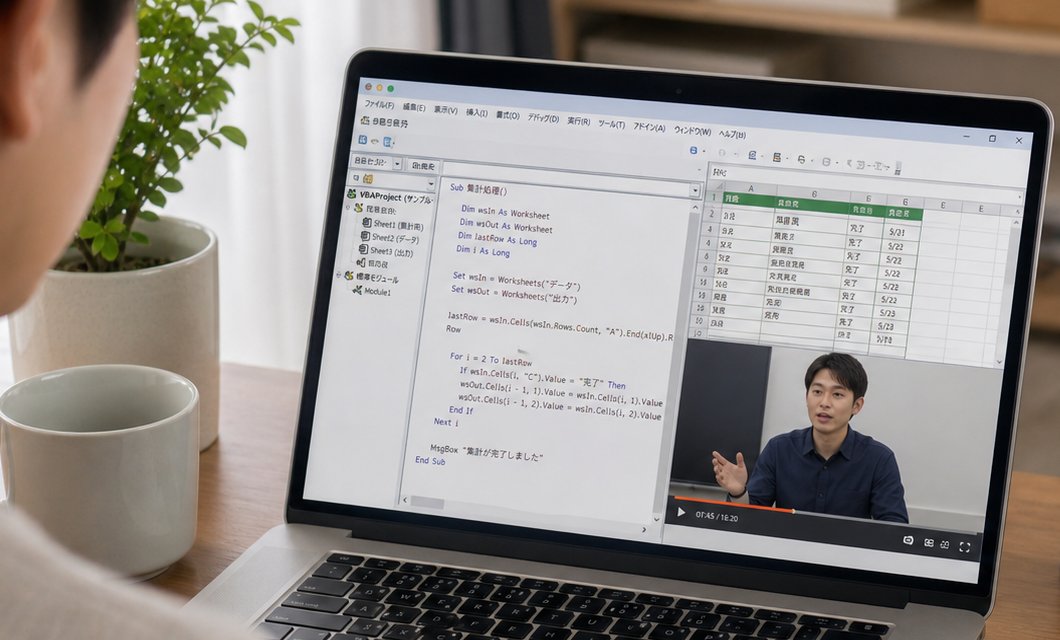 PC画面でVBAコードと動画講座を見ながら学習している様子
