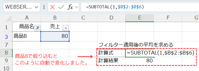 SUBTOTAL関数を使用した場合の合計処理結果について(商品B)