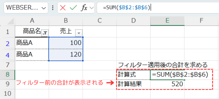 SUM関数を使用した場合どのような結果となるか？