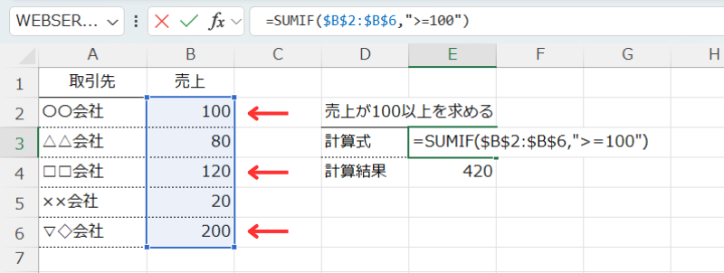 数値から検索する場合の結果を記載したエクセル画面