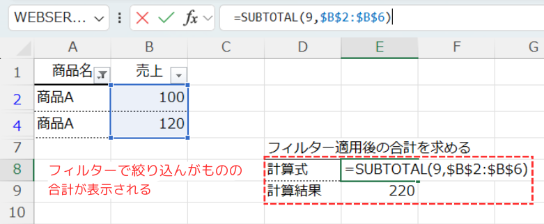 SUBTOTAL関数を使用した場合の合計処理結果について(商品A)