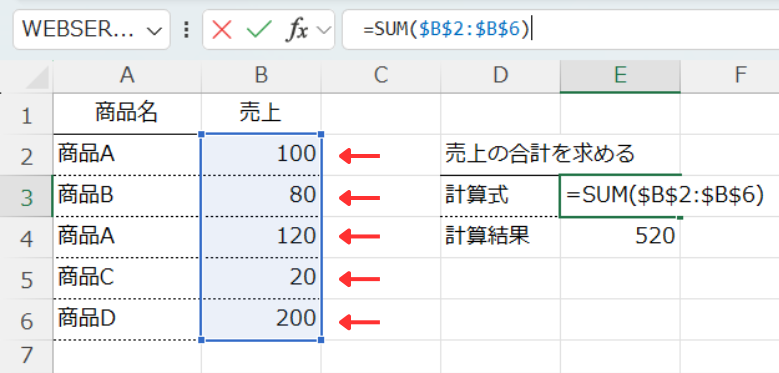 使用例1: SUM関数の基本的な合計を求めるの結果