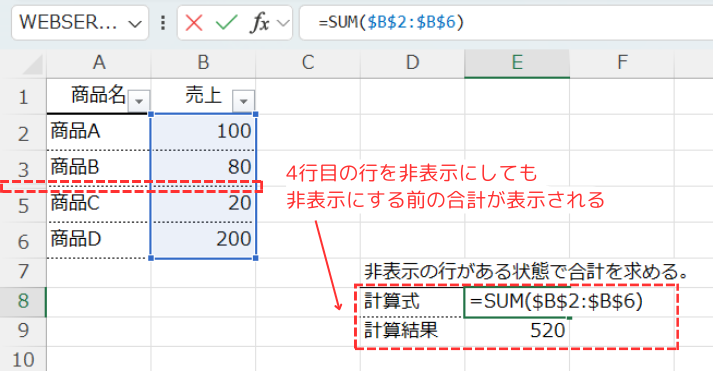 SUM関数を使用した場合の非表示の行合計処理結果について