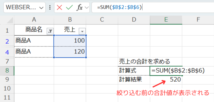 注意ポイント2: 表でフィルターを使用してデータを絞り込んだ場合の解決策