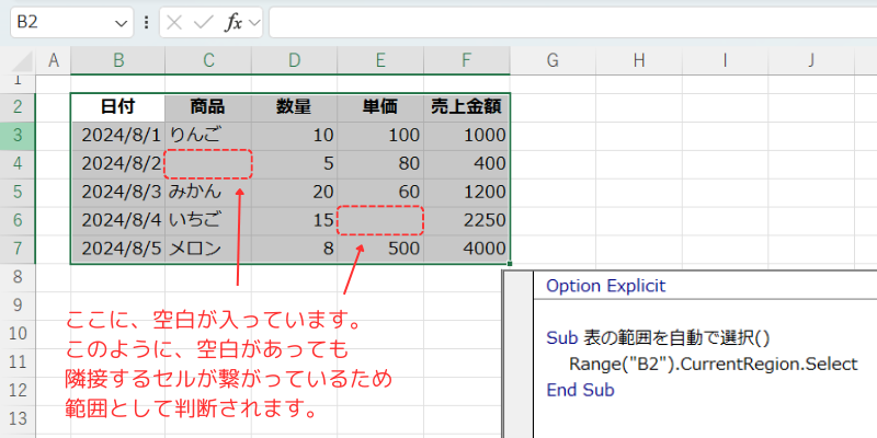 隣接するセルに空白があっても範囲を取得できる。