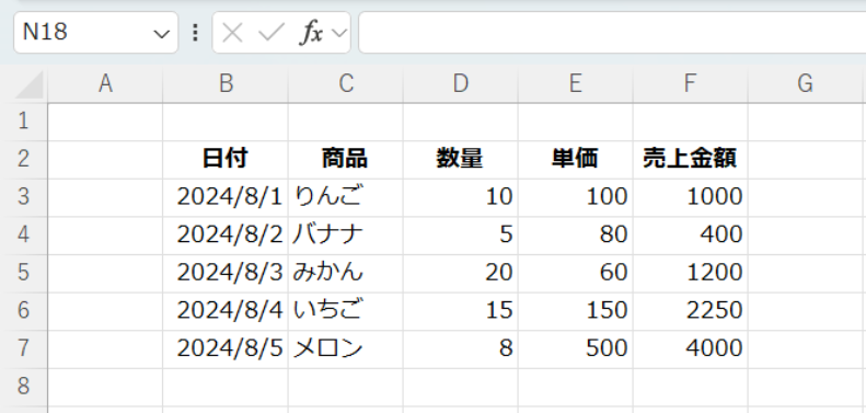 CurrentRegionの動作確認。処理前。