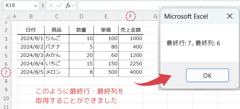 使用例2: 最終行と最終列を取得する方法の処理結果