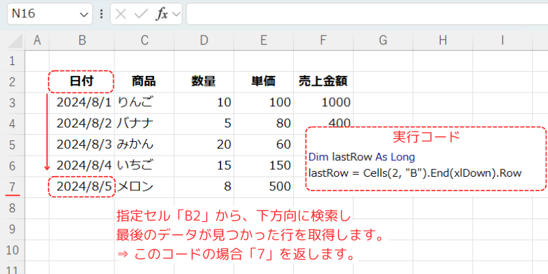 指定したセルから下降し、行番号を取得するとは？