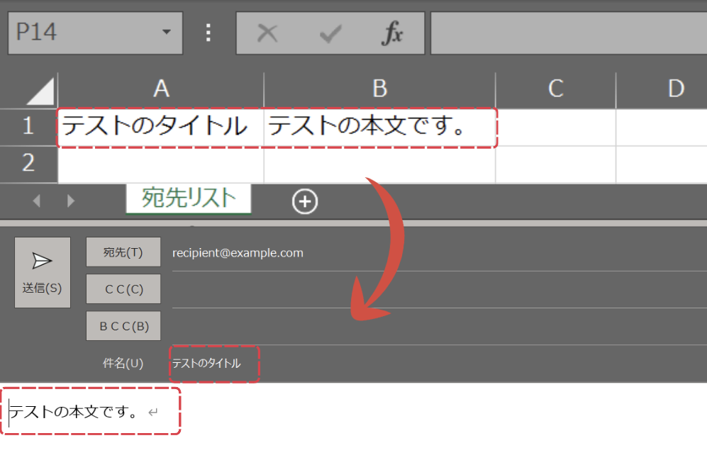 使用例6: メールのタイトルと本文をセルの内容から設定する方法の結果