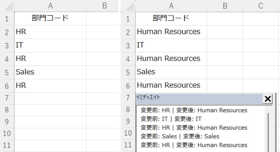 使用例3: セル内の部門コードを変更して、変更前後を比較の結果