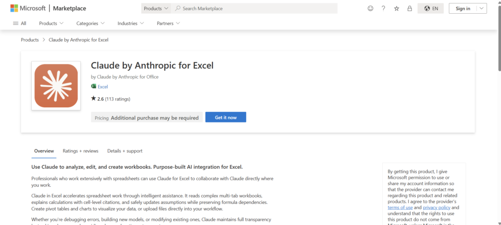 Microsoft | MarketplaceサイトのClaude by Anthropic for Excel